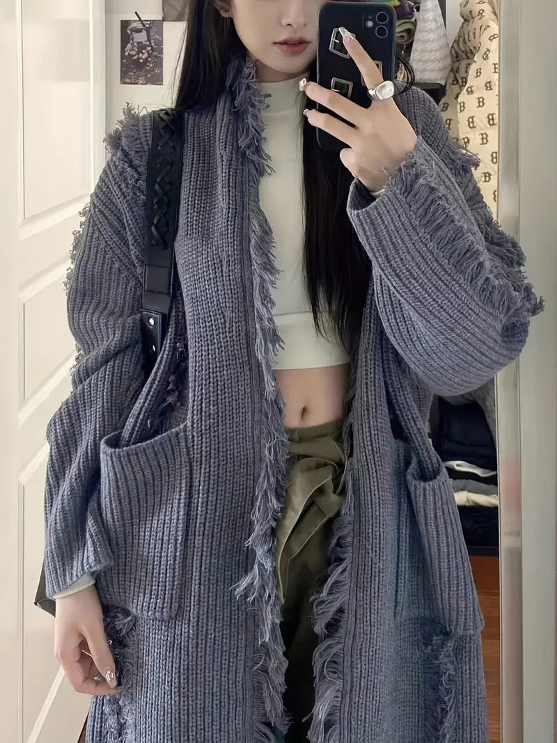 Reine - Cardigan Long à Franges – Style Décontracté et Tendance