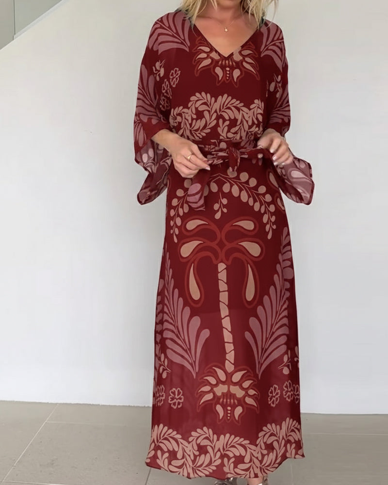 Praxellea - Robe bohème femme maxi ample col V imprimé feuilles élégant