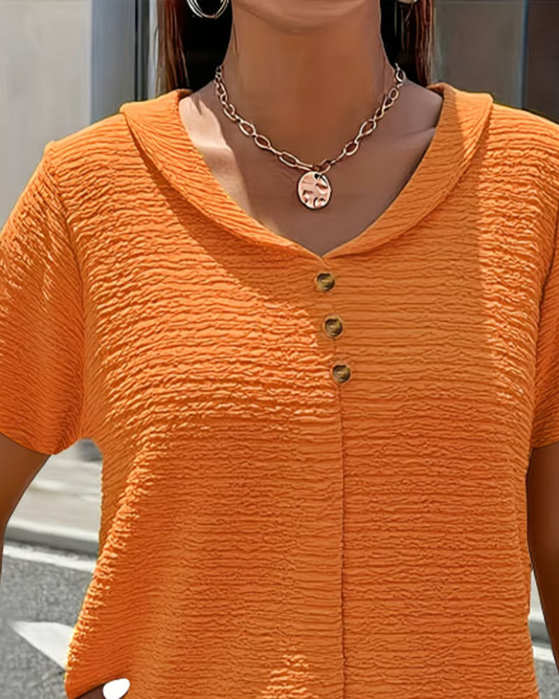 Syzelle - T-shirt femme col rond texturé manches courtes boutons décoratifs élégant
