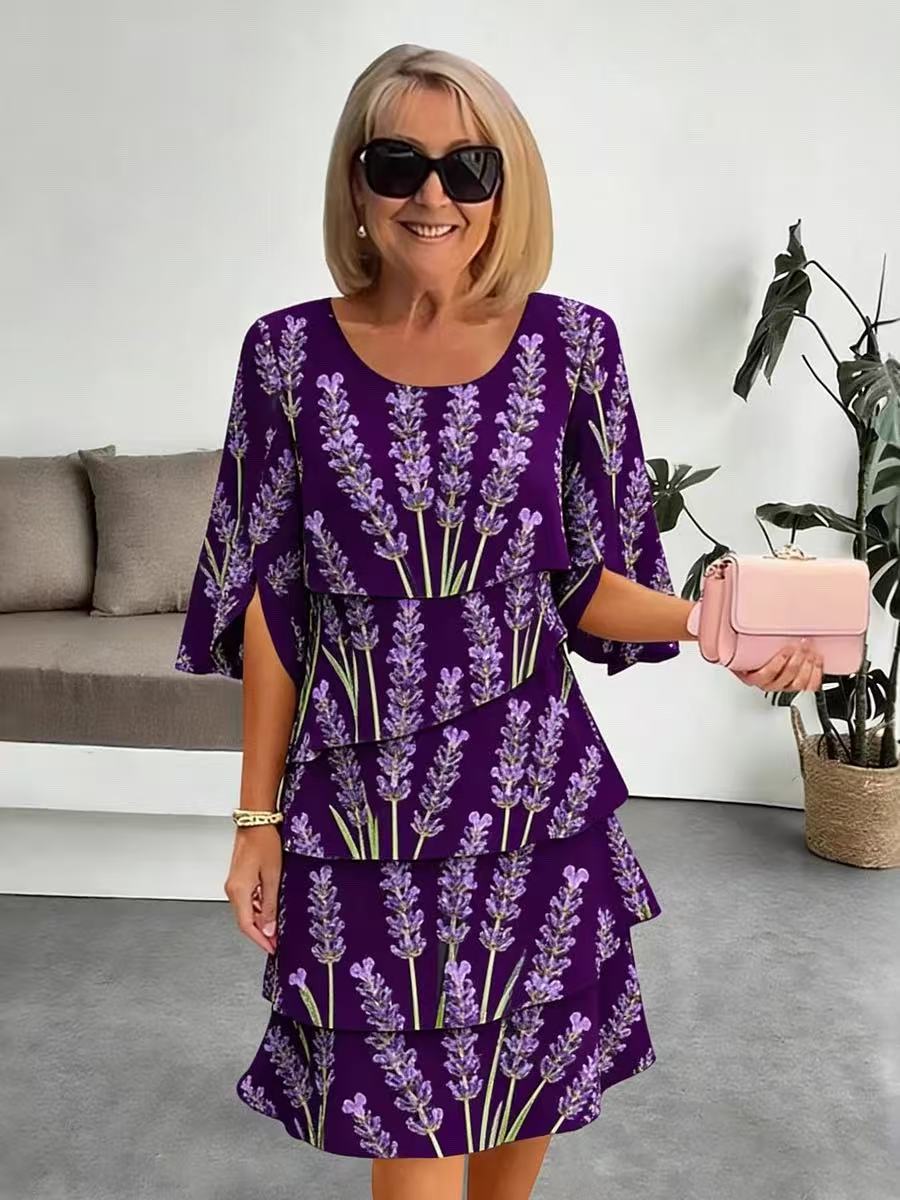 Elyvane - Robe femme mi-longue à volants imprimé floral manches fendues