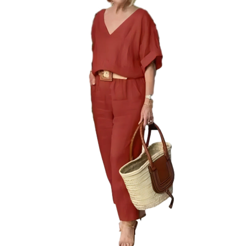 Loxaria - Ensemble femme haut col V pantalon poches style décontracté