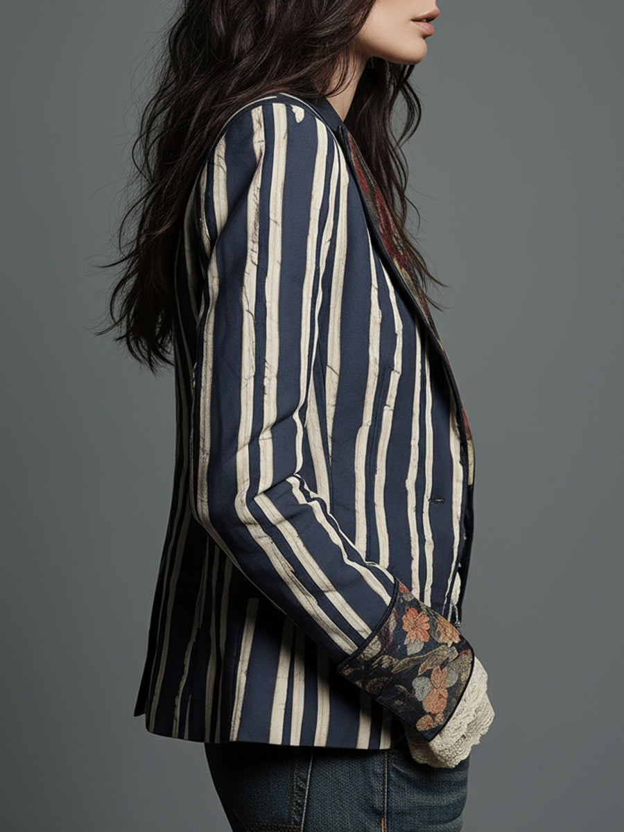 Avenorix - Blazer femme rayé bohème à imprimé floral vintage chic