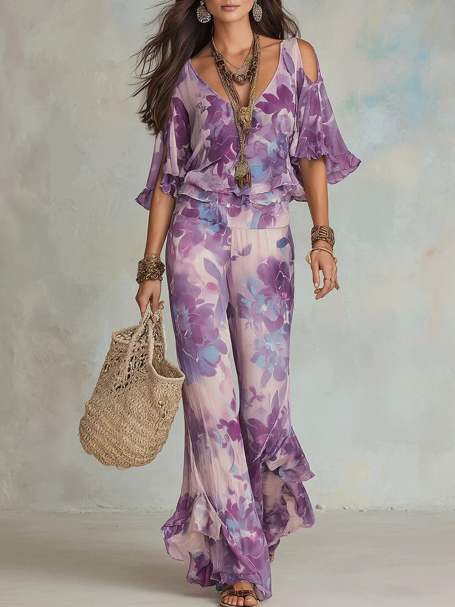 Brynora - Ensemble femme deux pièces floral top col V pantalon évasé volants