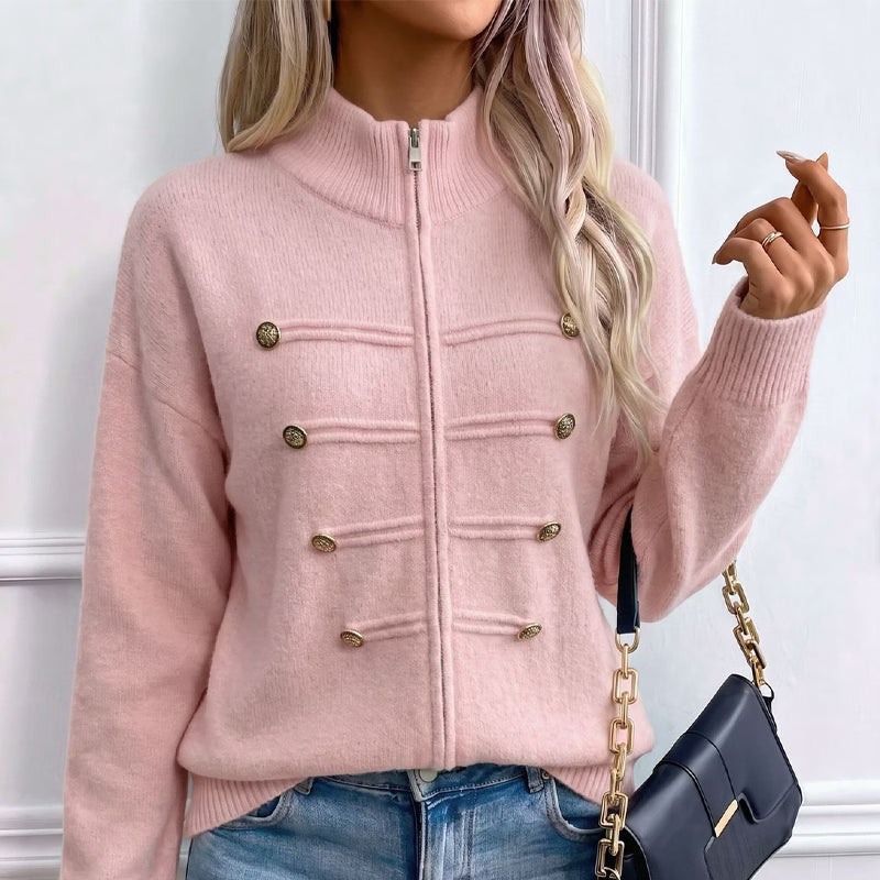 Teuntje - Women's knit cardigan with high neck, zip, and decorative buttons