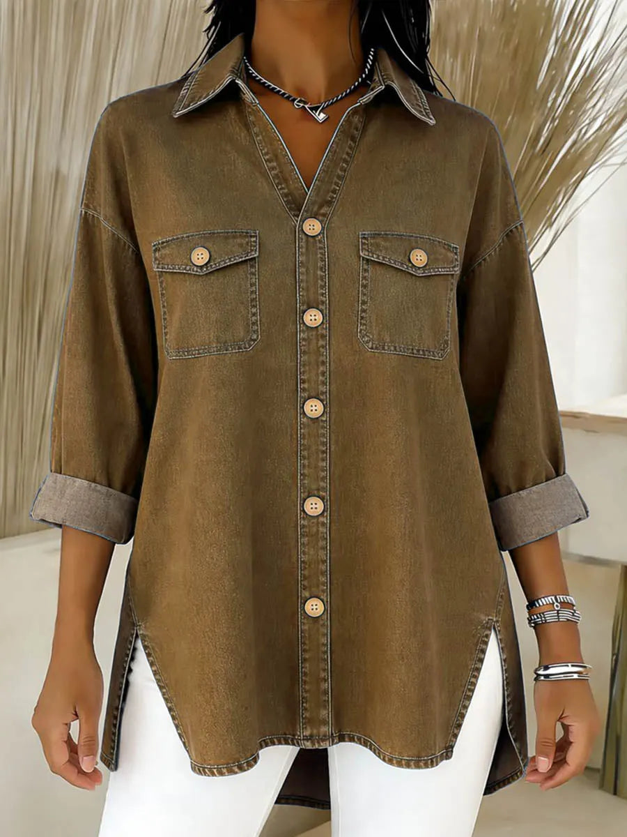 Cléa - Women's loose-fit long denim shirt with chest pockets