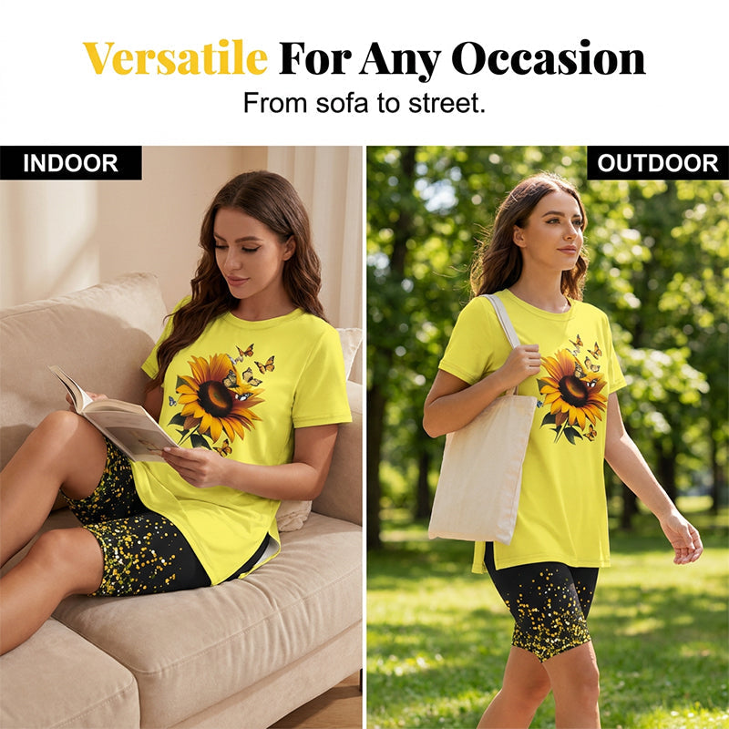 Evorielle - Ensemble femme tunique longue imprimée tournesol et short assorti