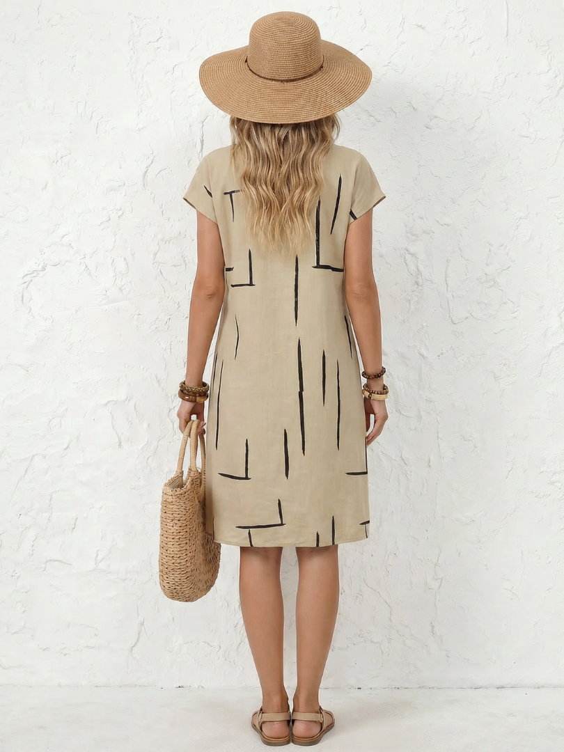 Olivrixa - Robe femme mi-longue à imprimé abstrait en coton lin coupe décontractée