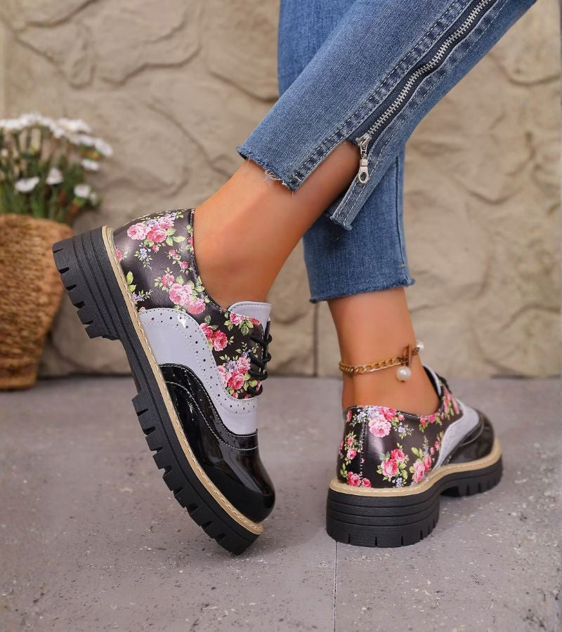 Maan - Chaussures Oxford Femme à Lacets avec Motif Floral et Semelle Épaisse