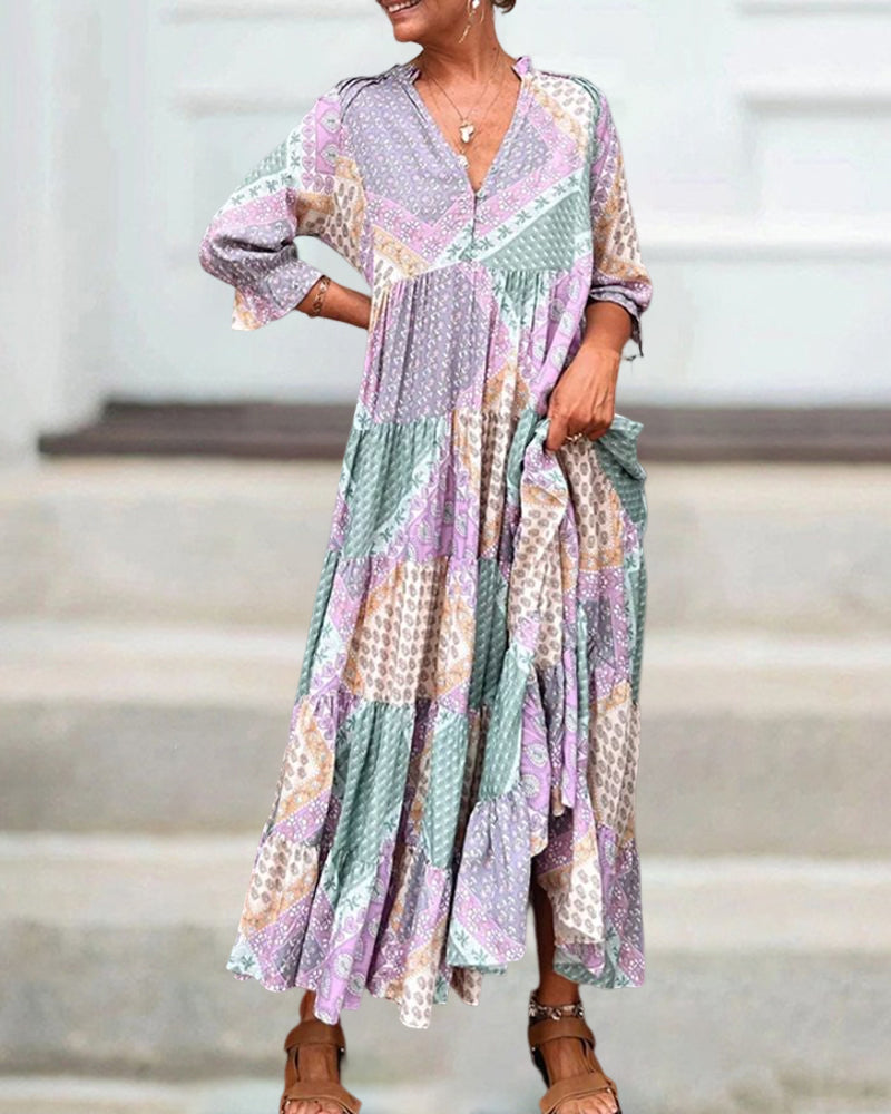 Quinna - Robe maxi colorée à imprimé color block et manches 3/4