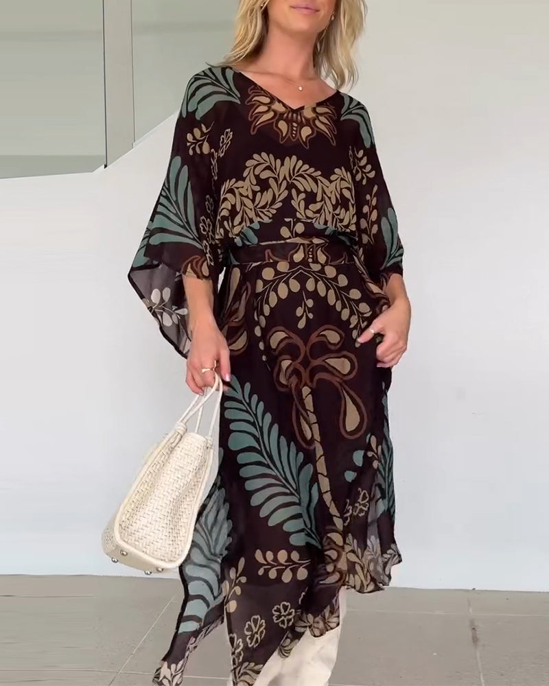Praxellea - Robe bohème femme maxi ample col V imprimé feuilles élégant