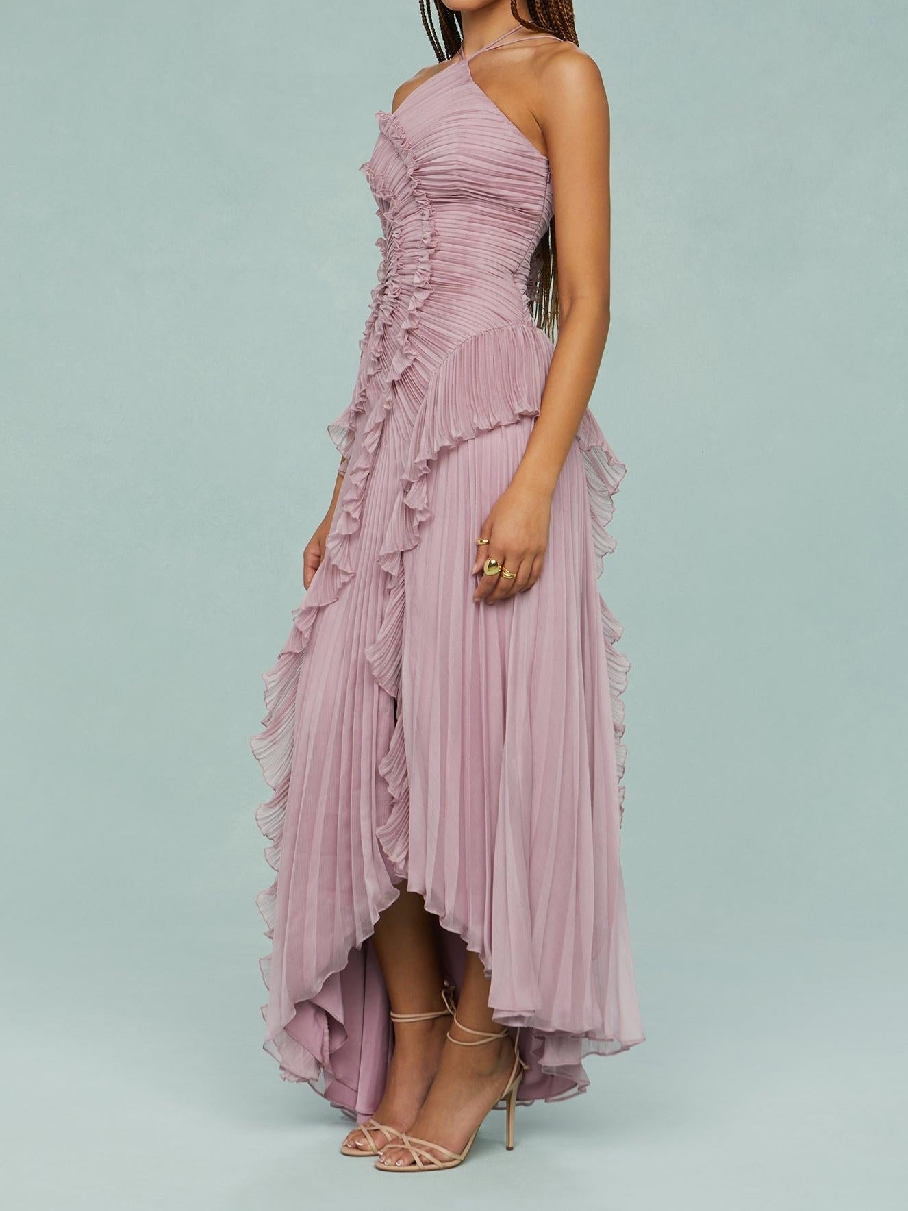 Bravielle - Robe longue femme plissée avec volants asymétriques élégants