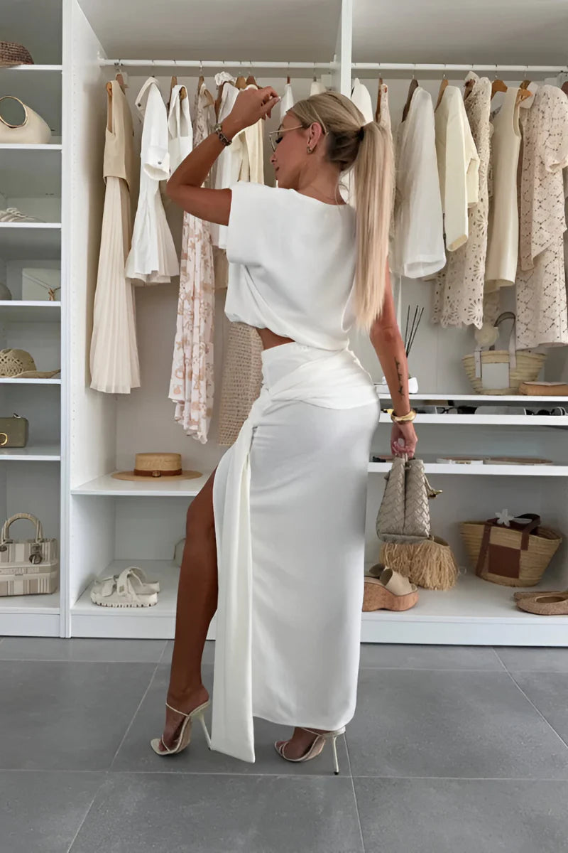 Koralyne - Ensemble femme crème en viscose avec jupe fendue