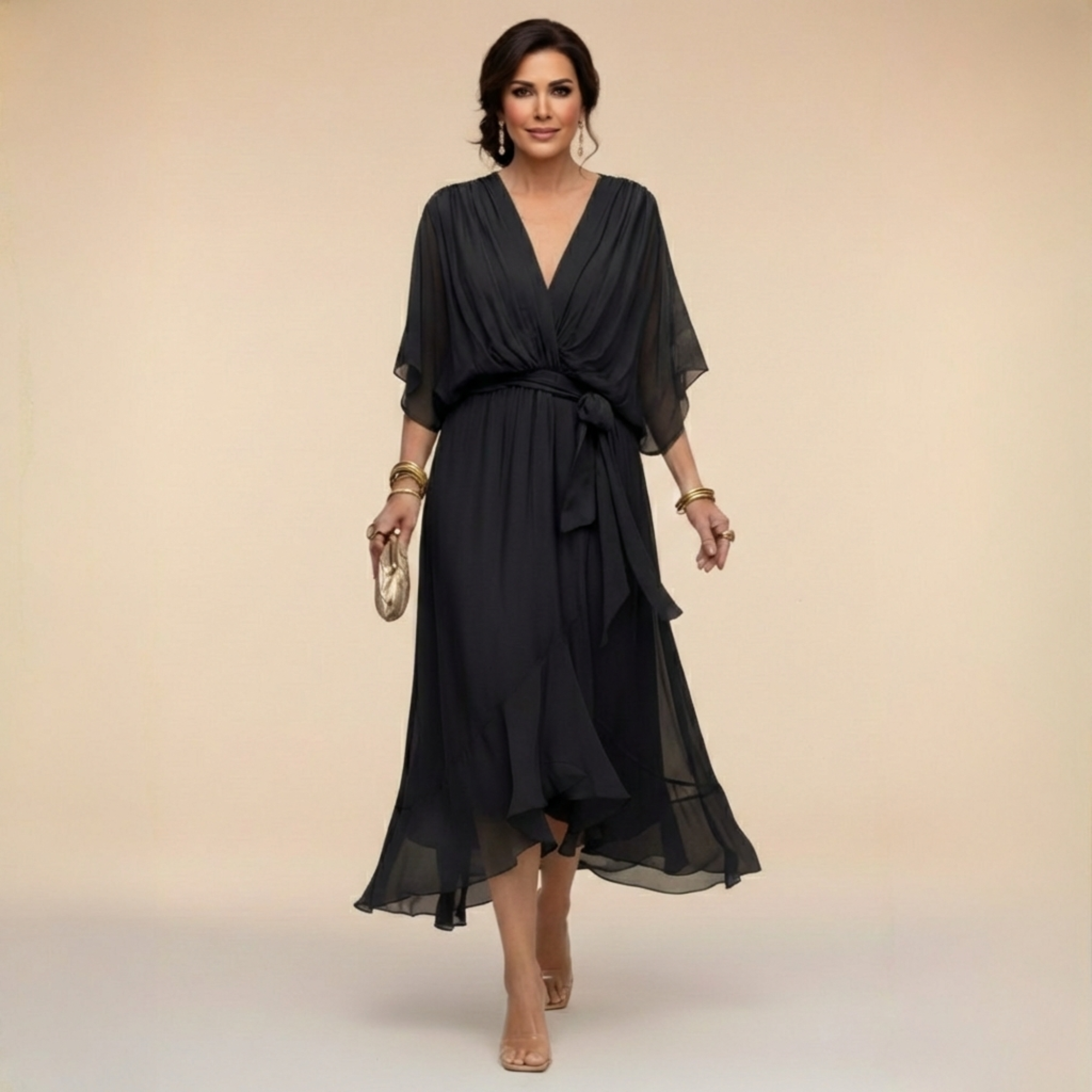Lazira - Robe femme midi fluide col V manches amples ceinture élégante