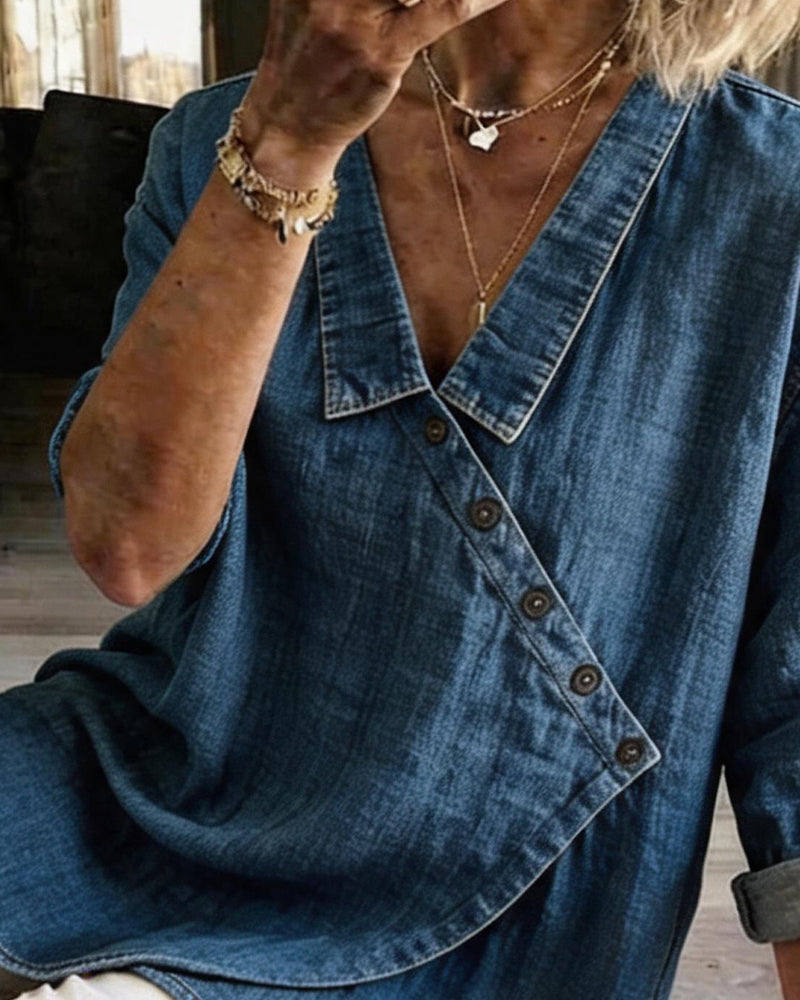 Mélusine - Blouse femme ample effet denim à boutons diagonaux