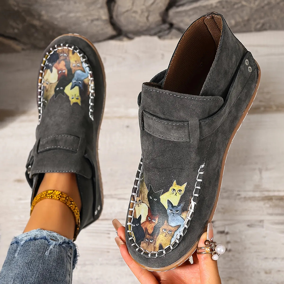 Annefleur - Mocassins femme imprimé chat à enfiler