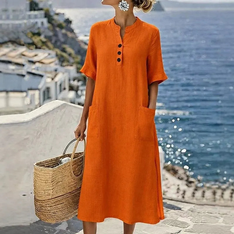 Soreya - Robe midi femme en coton-lin avec boutons