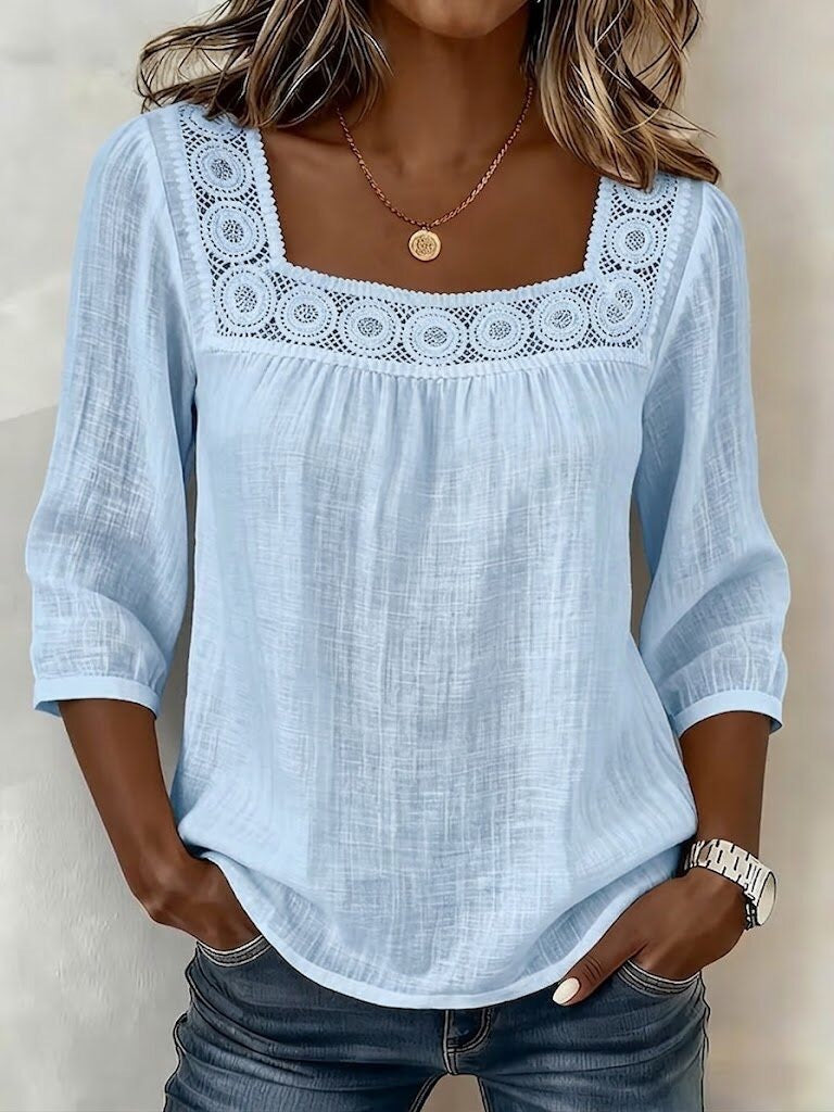 Myzaria - Blouse femme à décolleté carré avec dentelle élégante