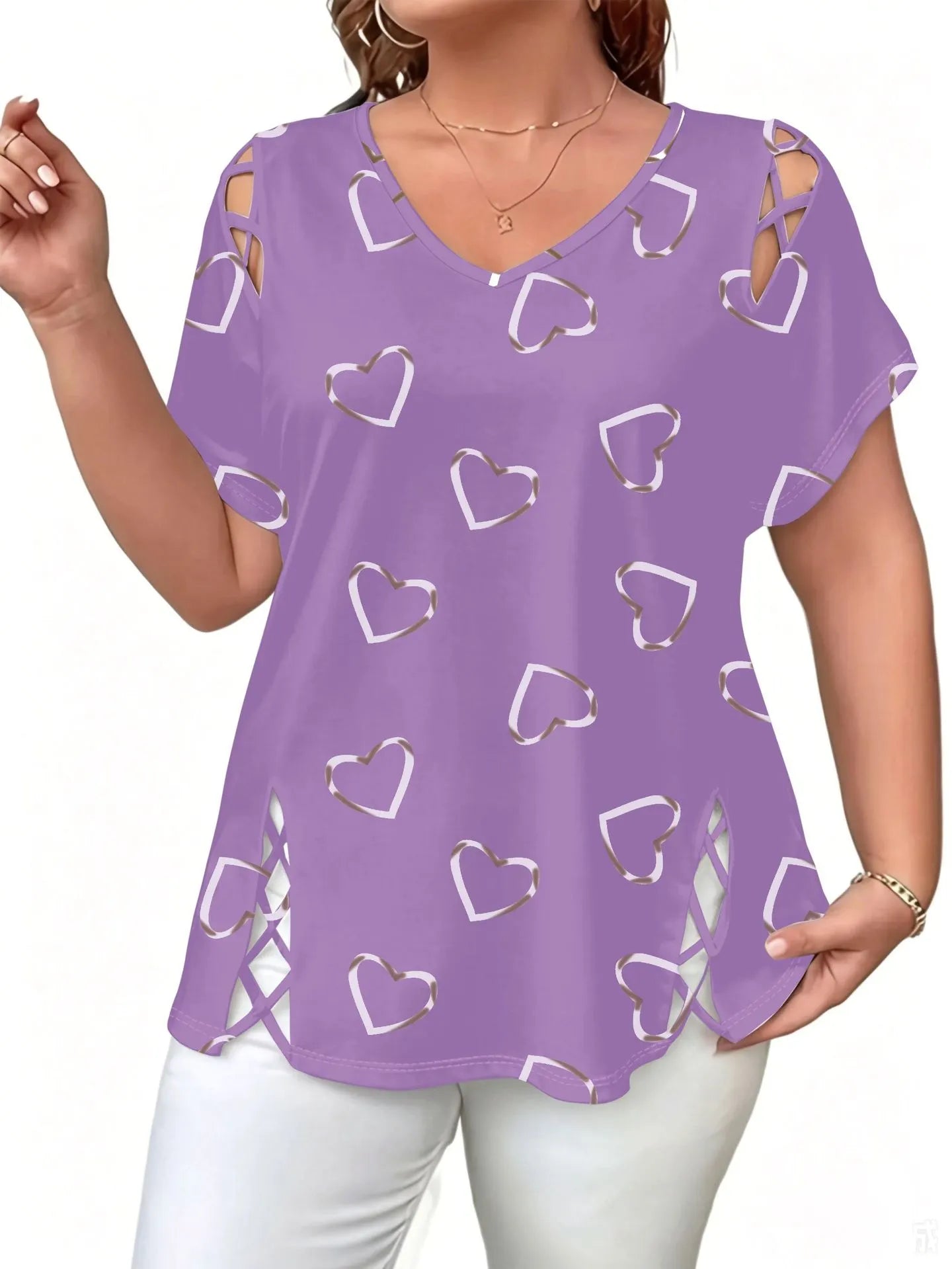Elowra - Blouse femme col V avec imprimé cœurs