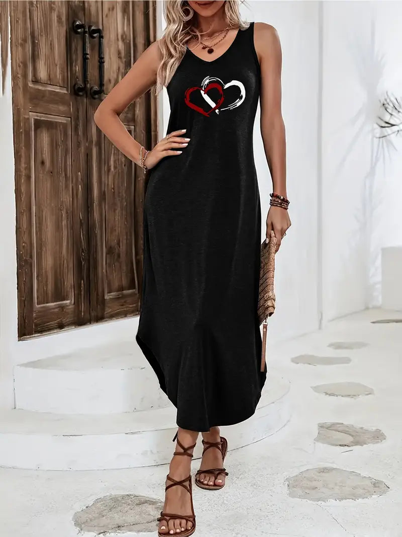 Dionara - Robe d'été décontractée sans manches à col en V avec motif cœur