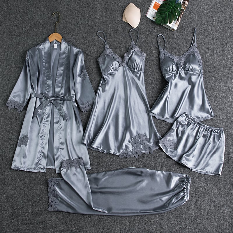 Elyssara - Ensemble De Nuit En Satin Glacé 5 Pièces Pour Femme