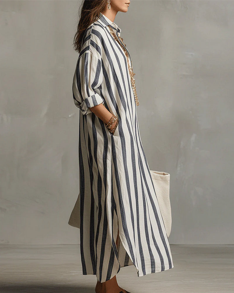 Avenira - Robe Maxi Rayée À Col Revers Décontracté Chic