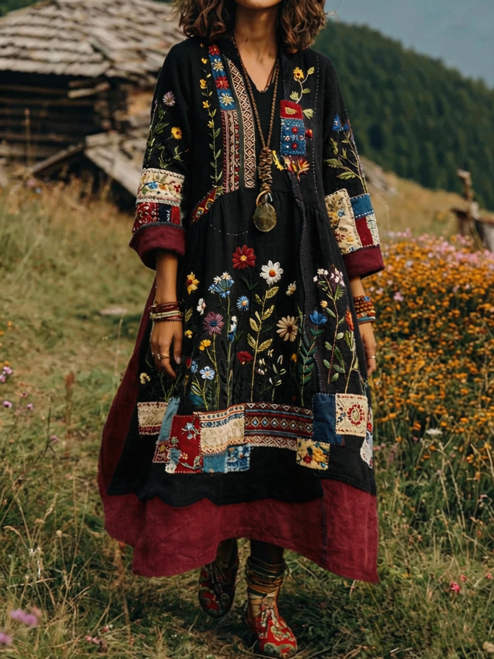 Loxira - Robe Femme Bohème Patchwork Brodée Style Ethnique Élégant