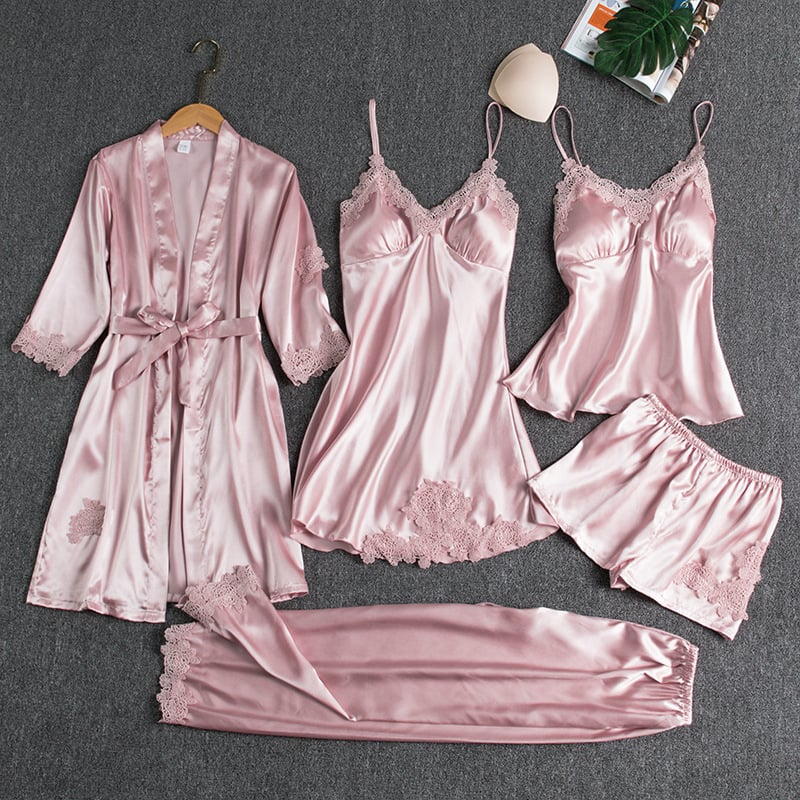 Elyssara - Ensemble De Nuit En Satin Glacé 5 Pièces Pour Femme