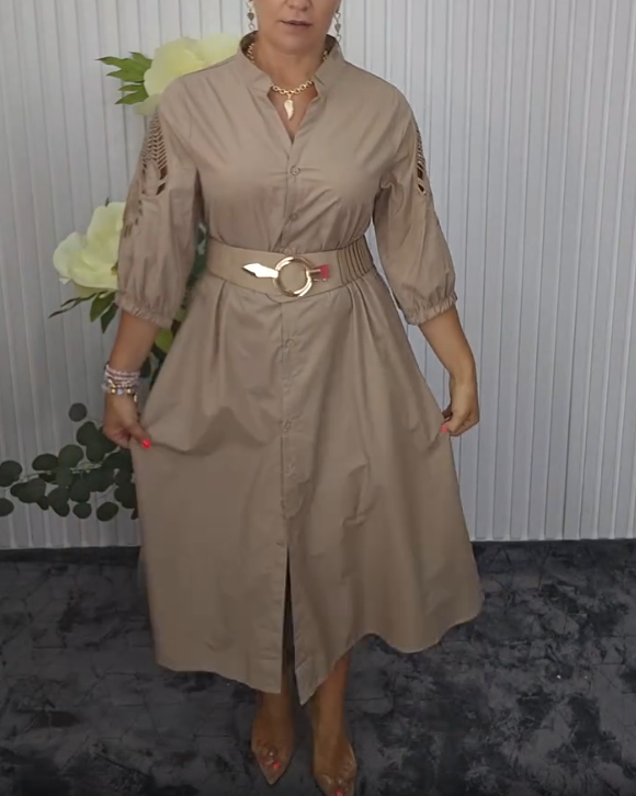 Mavellea - Robe femme chemise élégante avec ceinture coupe fluide midi