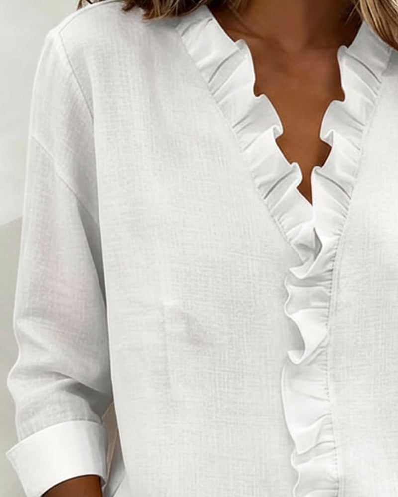 Elissavienne - Blouse Coton Élégante à Volants Col V