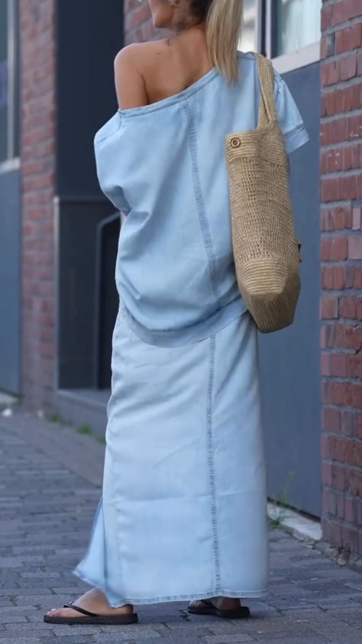 Mireya - Ensemble Décontracté Femme en Denim Tencel avec Décolleté Rond