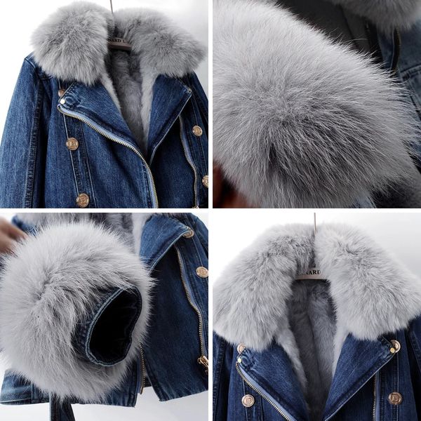 Béatrice - Manteau de denim en fourrure de renard doublé de luxe