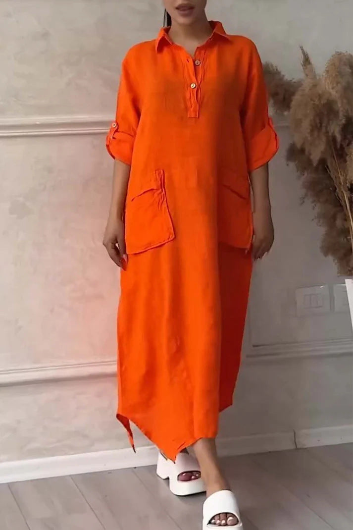 Leontine - Robe maxi femme en lin et coton avec revers