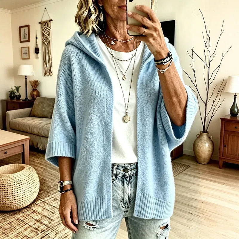 Mabel - Cardigan en tricot femme ample à capuche manches 3/4