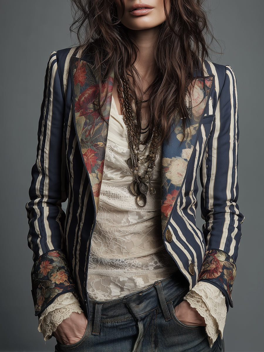 Avenorix - Blazer femme rayé bohème à imprimé floral vintage chic