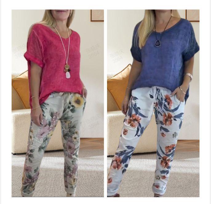 Evangeline - Ensemble 2 Pièces Femme – Blouse Unie et Pantalon Décontracté à Imprimé Floral