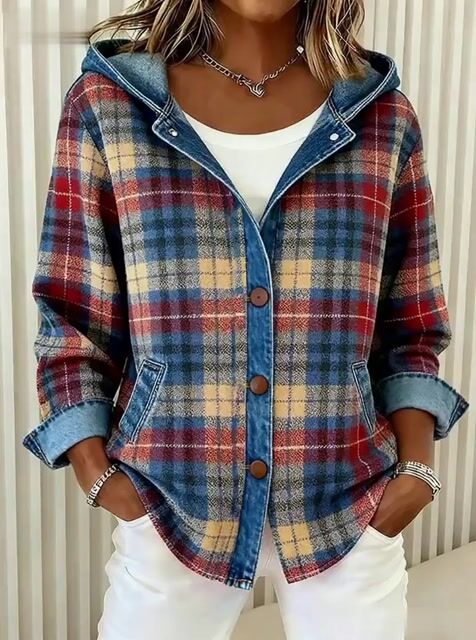 Nadrina - Veste en Jean à Capuche et Motif à Carreaux Contrastés