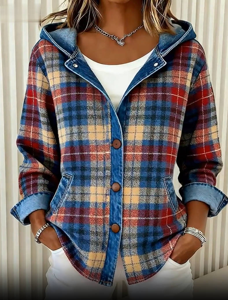 Nadrina - Veste en Jean à Capuche et Motif à Carreaux Contrastés