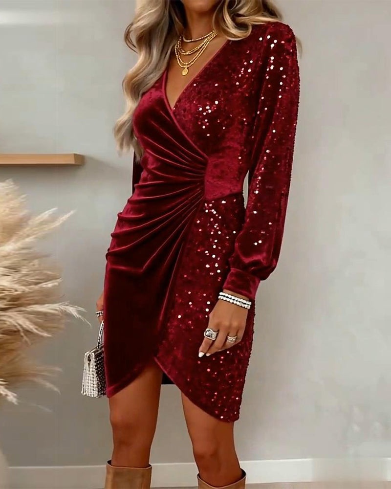 Fayriona - Robe Décolleté Sexy Velours Avec Paillettes