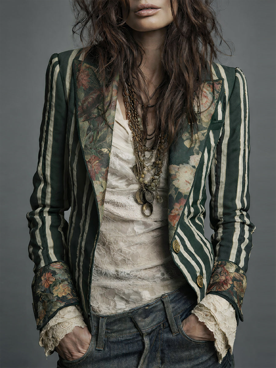 Avenorix - Blazer femme rayé bohème à imprimé floral vintage chic