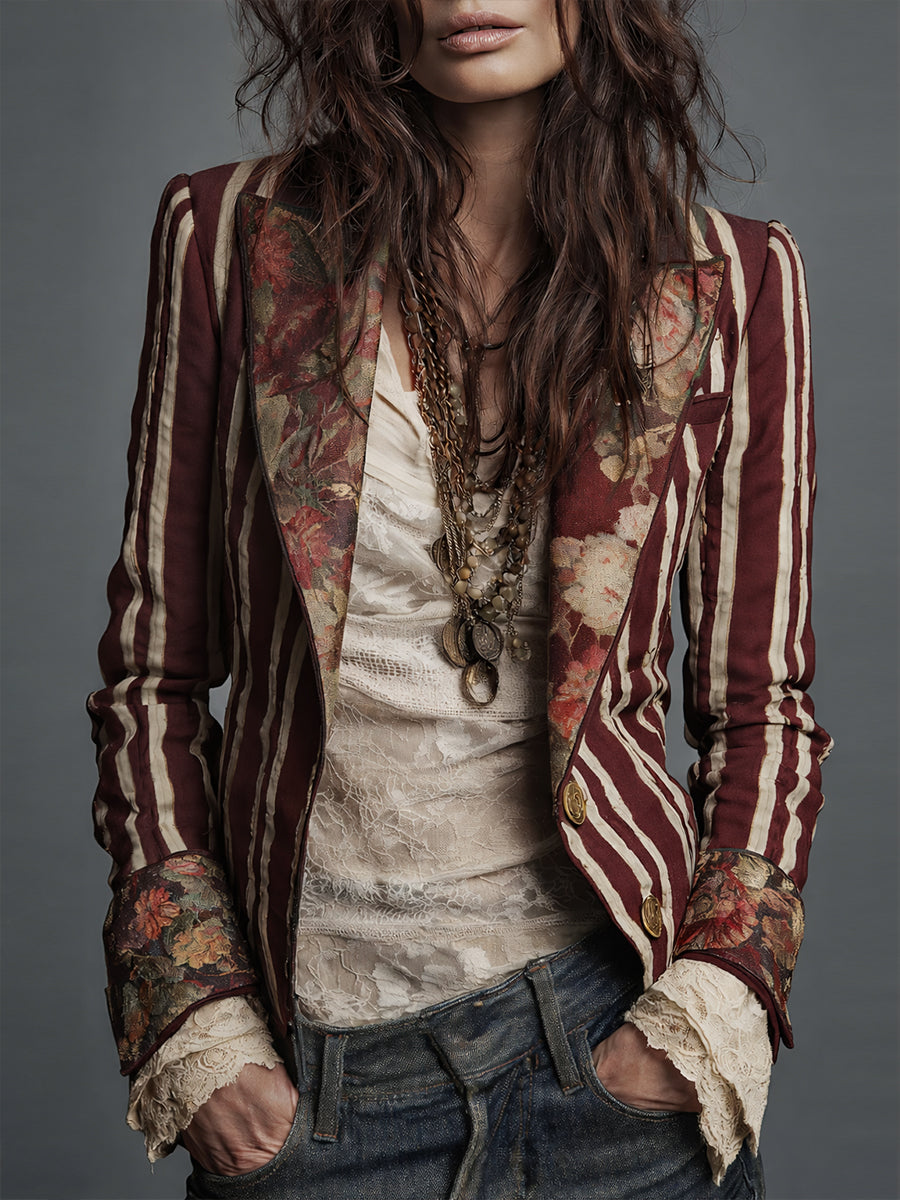 Avenorix - Blazer femme rayé bohème à imprimé floral vintage chic