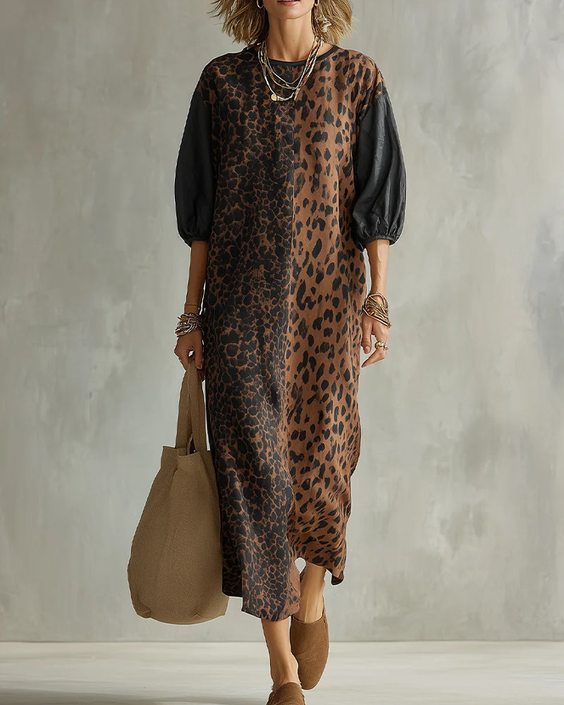 Milou - Women's flowy leopard dress with elegant puff sleeves