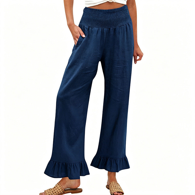 Dorexa - Pantalon femme taille haute smockée large coton lin boho