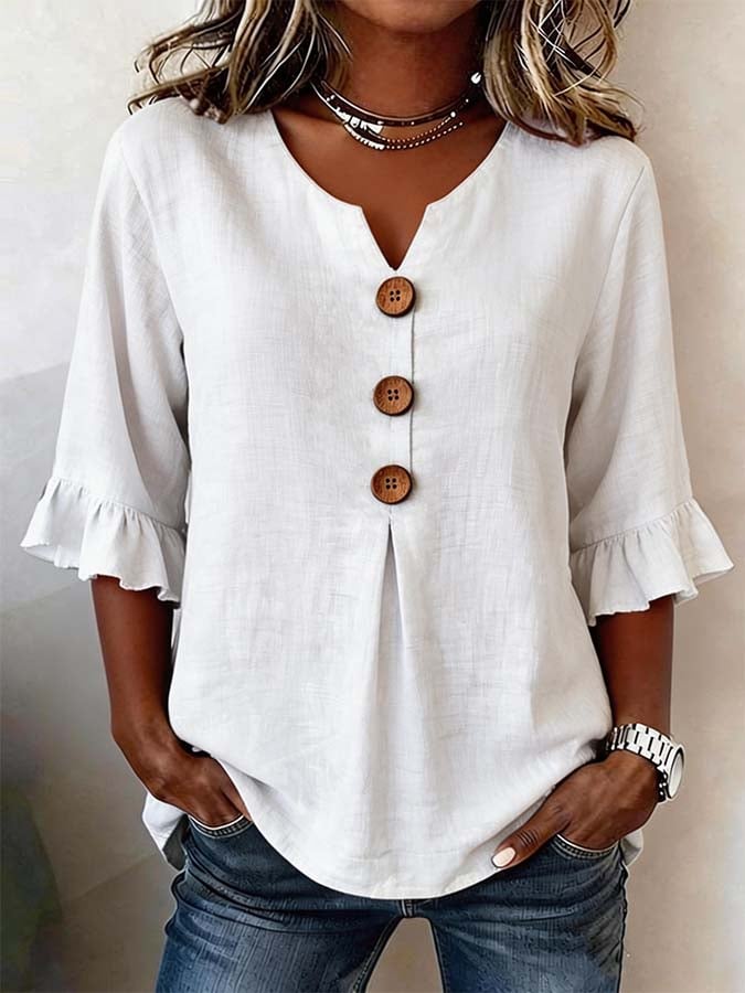Tyvora - Blouse femme unie fluide manches volantées boutons bois style bohème