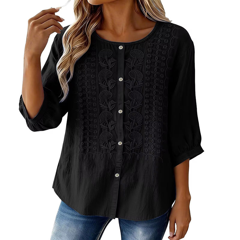 Sorivelle - Blouse brodée femme en coton et lin à manches 3/4