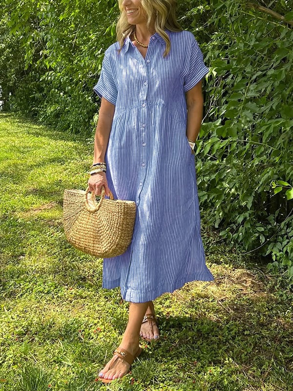 Melania - Robe chemise rayée avec revers et boutons | Avec poches fonctionnelles