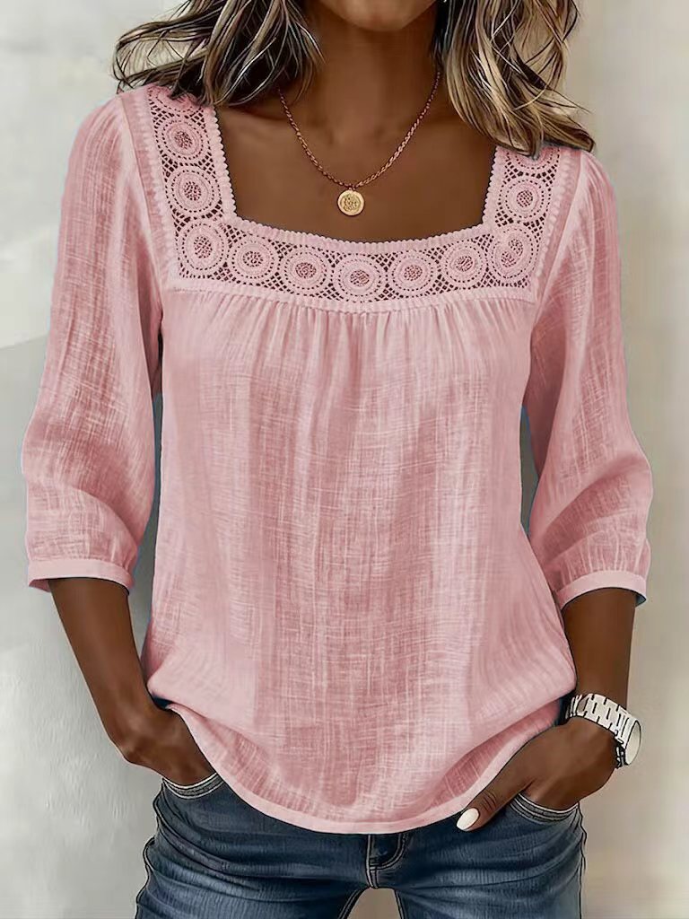 Myzaria - Blouse femme à décolleté carré avec dentelle élégante