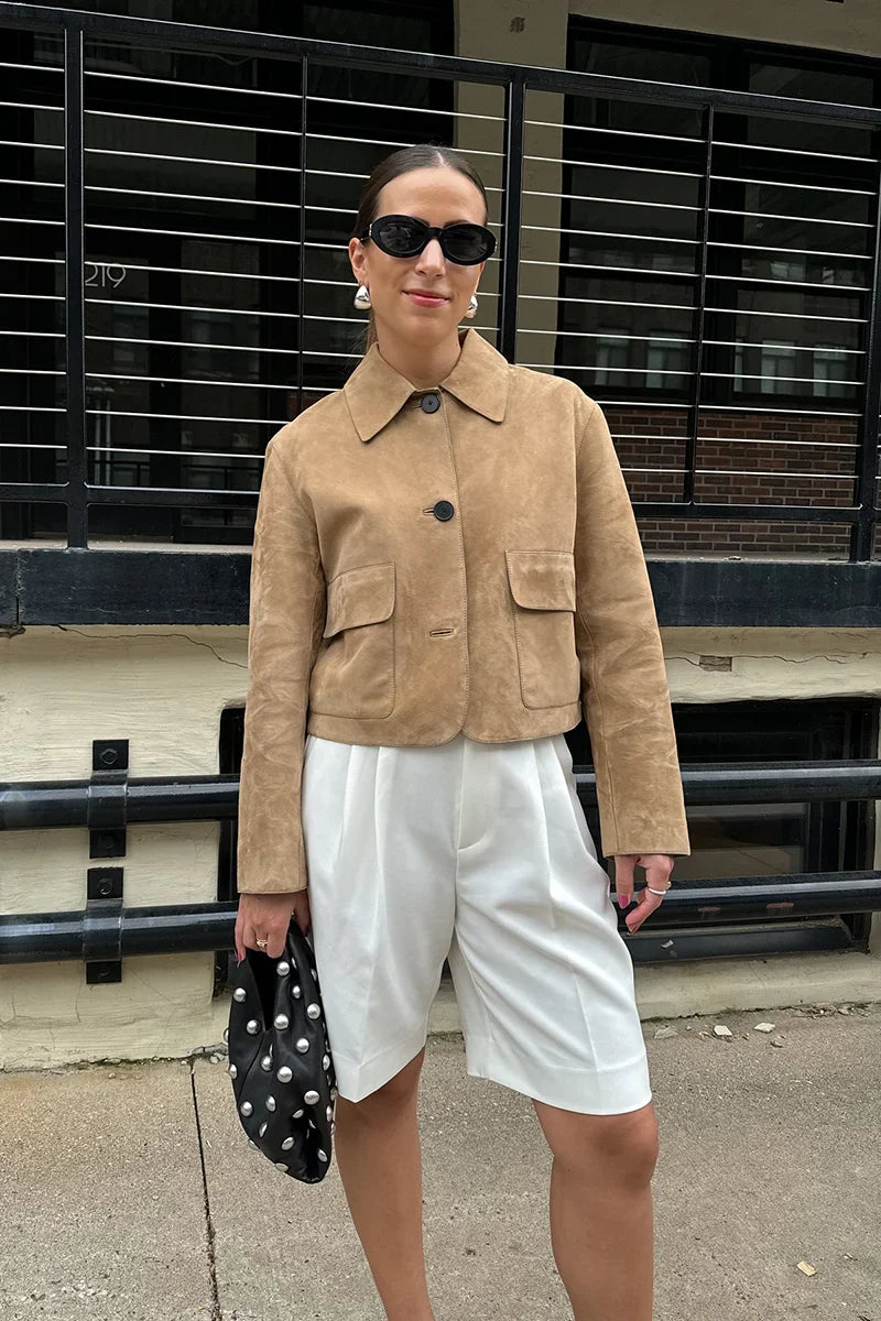 Aveline - Veste en Cuir Suédé avec Poches
