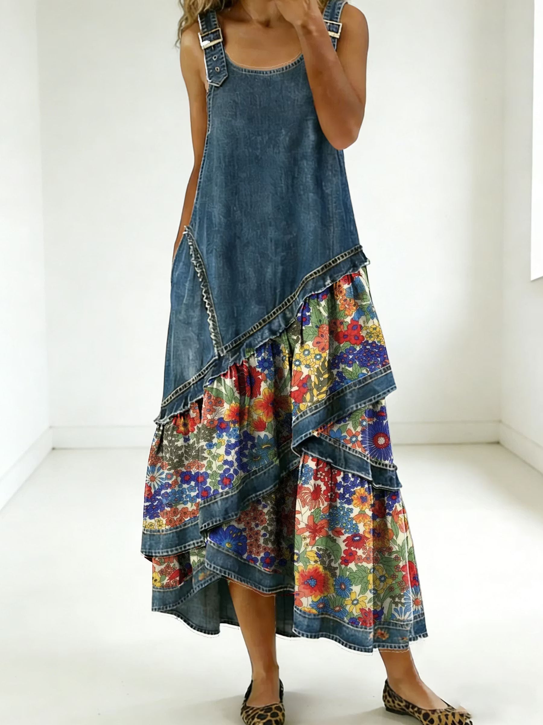 Rovessira - Robe maxi femme patchwork bohème en jean et imprimé floral