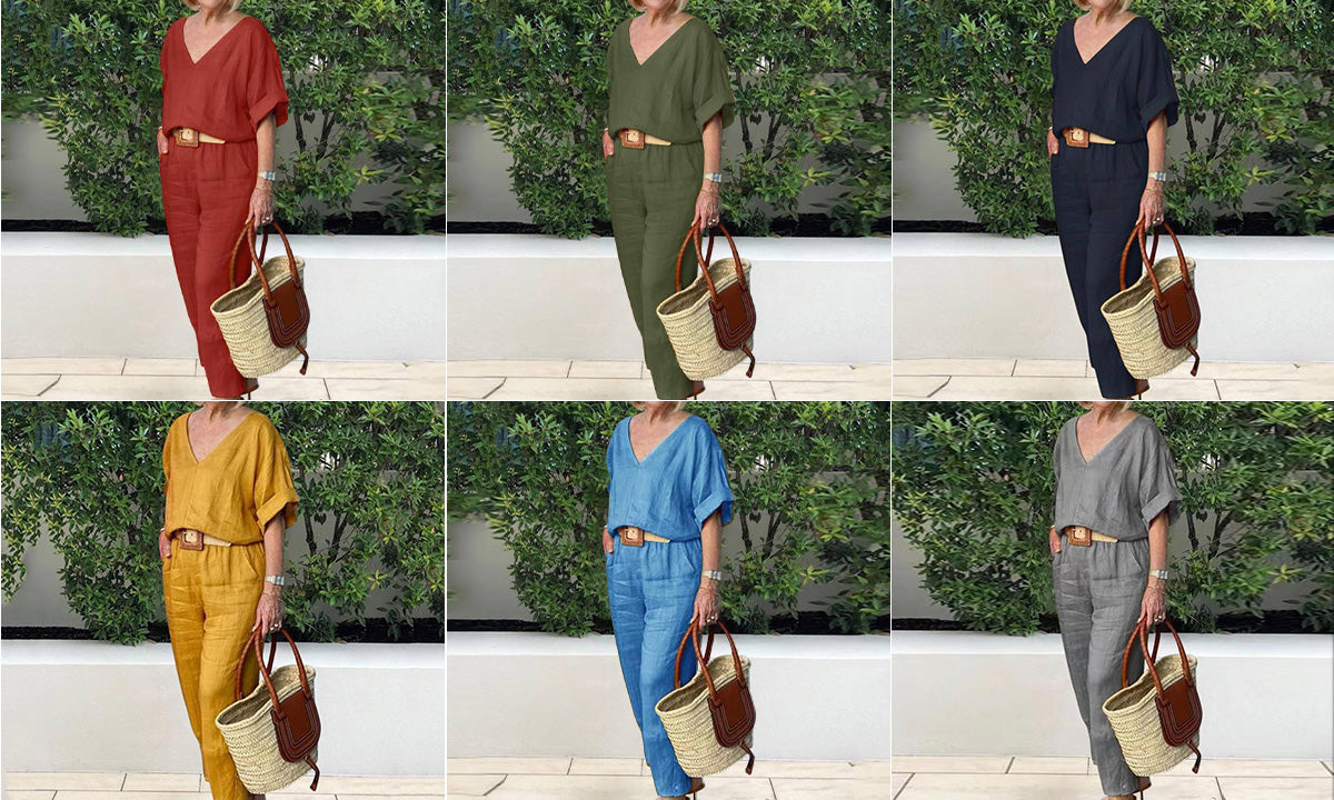 Loxaria - Ensemble femme haut col V pantalon poches style décontracté