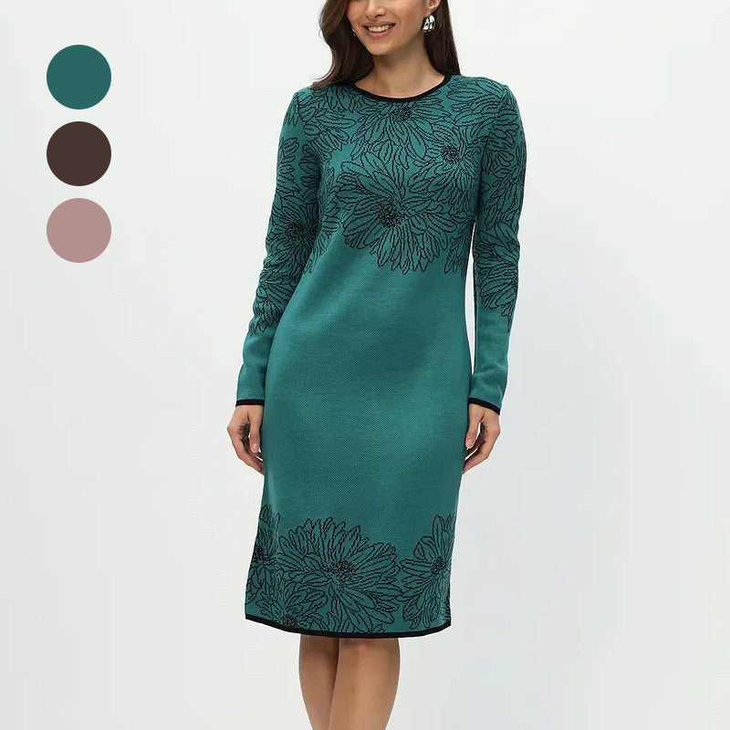 Rhoselavessa - Robe Simple Imprimée À Manches Longues Et Décolleté En V